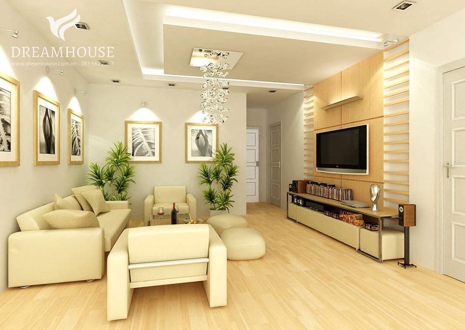 Phòng khách sơn tường màu trắng kem