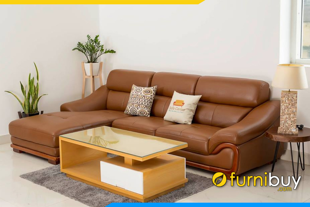 Ghế sofa góc bọc da cao cấp màu nâu sáng ốp gỗ viền ghế