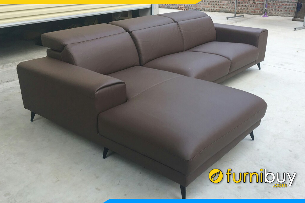 Ghế sofa góc chữ L bọc da màu nâu cafe hiện đại