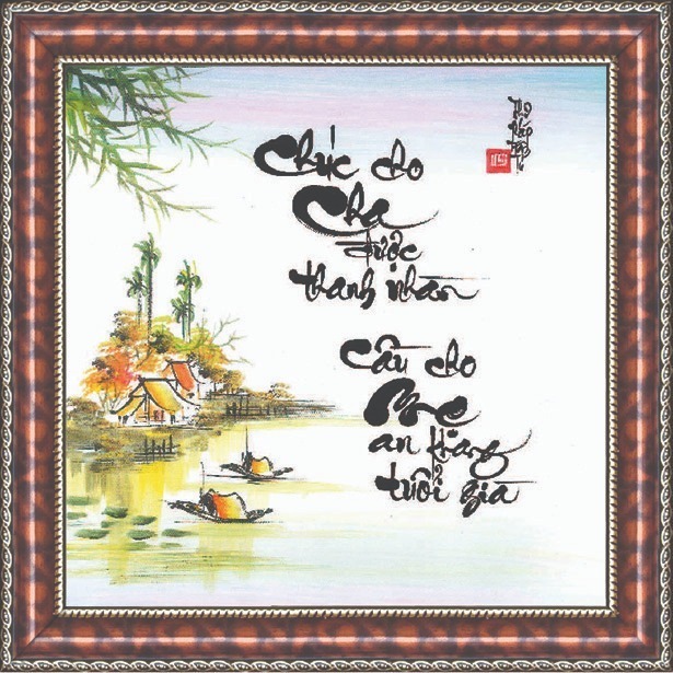 Tranh thư pháp chữ cha mẹ V36-12 làm từ chất liệu vải canvas cao cấp. Hình ảnh, chữ thư pháp trên tranh sắc nét. Phần khung gỗ bền chắc, chống mối mọt tốt. Nội dung chữ trên tranh ý nghĩa, hình ảnh làng quê hữu tình. Tranh có giá 279.000 đồng, giảm 26% so với giá gốc.