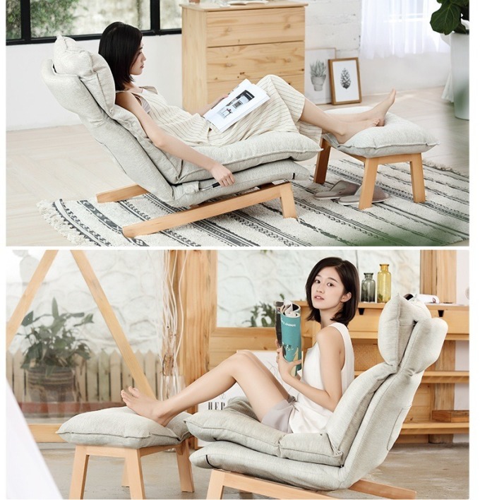 Sofa thư giãn Muji thiết kế theo phong cách Nhật Bản với màu sắc và kiểu dáng tối giản, đơn sắc. Khung ghế làm bằng gỗ sồi, khớp gập của hãng Hiraki cho độ bền cao. Đệm lưng hai lớp có thể điều chỉnh linh hoạt. Gối tựa đầu cũng có khớp gập, dễ dàng điều chỉnh để được tư thế nghỉ ngơi thoải mái. Vỏ đệm bằng vải thô màu be, chống bụi, thông thoáng, tạo cảm giác dễ chịu. Sản phẩm đi kèm đôn gác chân, có giá 5,55 triệu đồng.