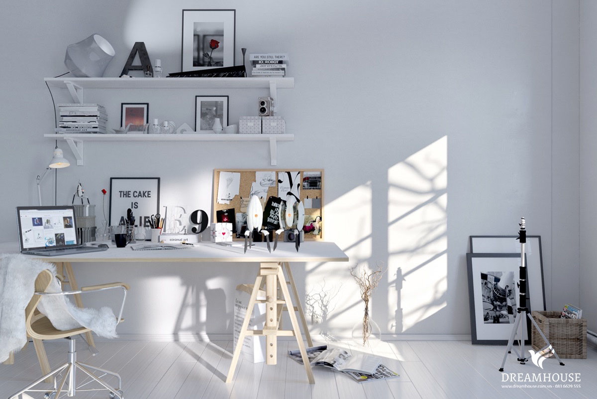 Thiết kế phòng làm việc nhỏ hẹp tại nhà với tông màu sáng